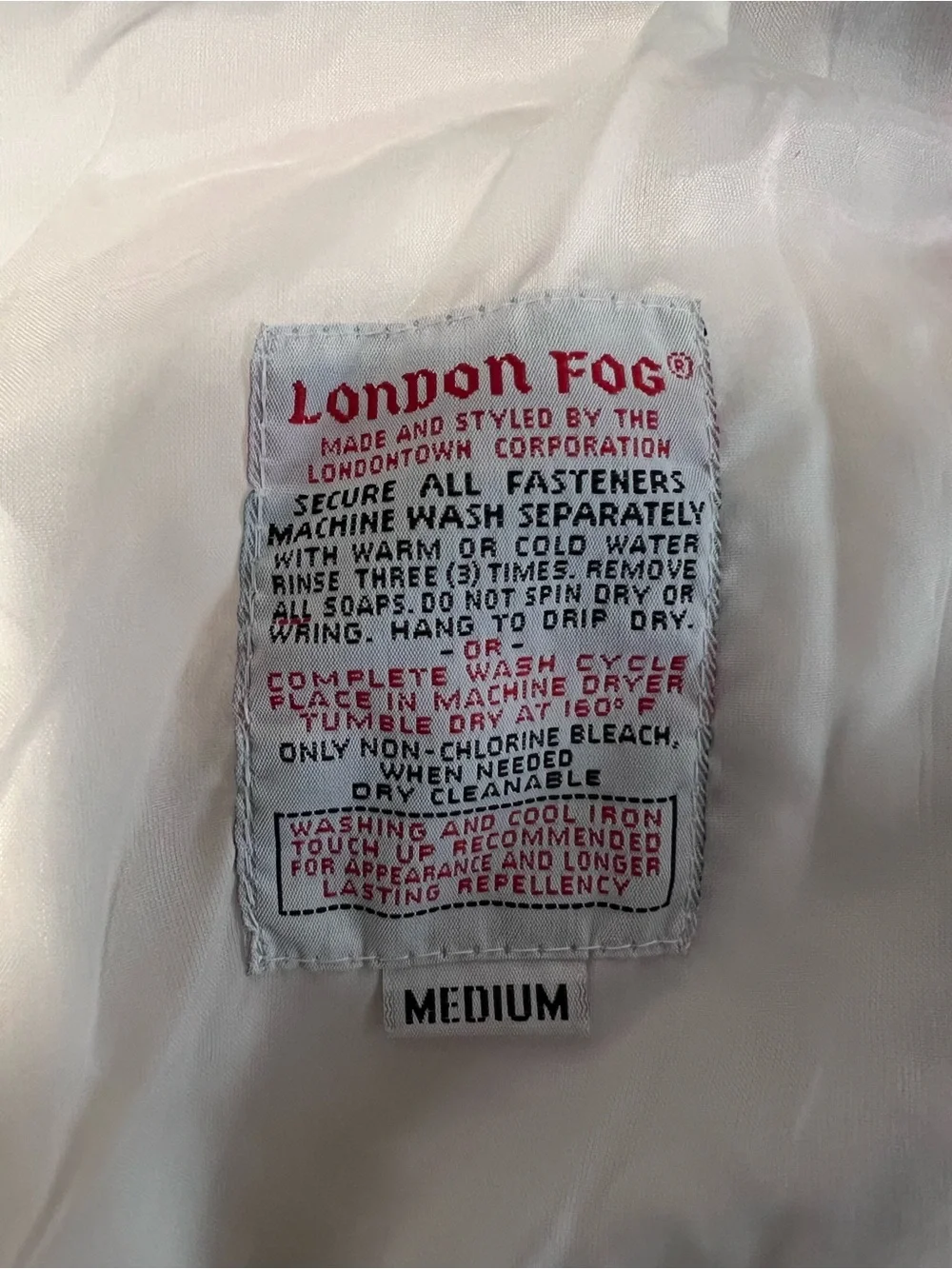 London Fog White Windbreaker with Teal Diamond and Navy Label